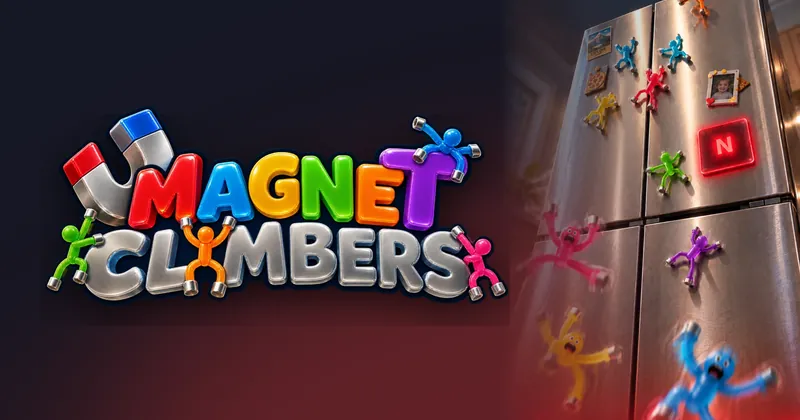 Magnet Climbers logo beside a steel fridge covered in climbing magnet toys