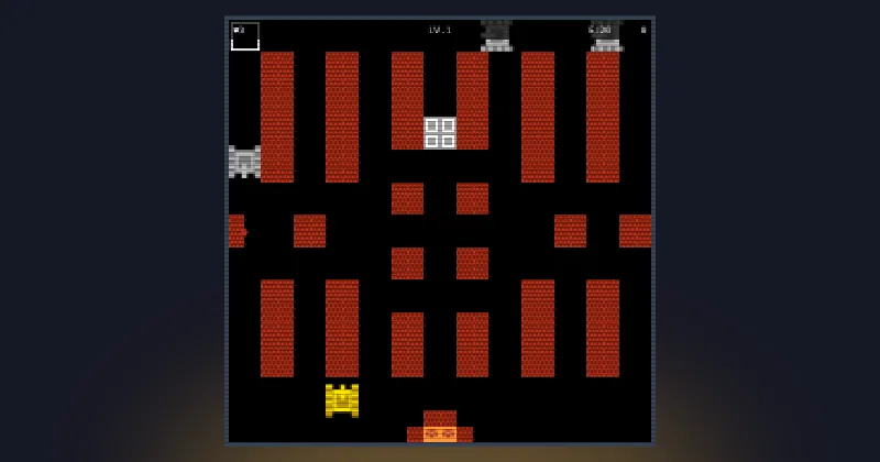 Tank 1990 gameplay: a yellow tank defending its base between red brick walls