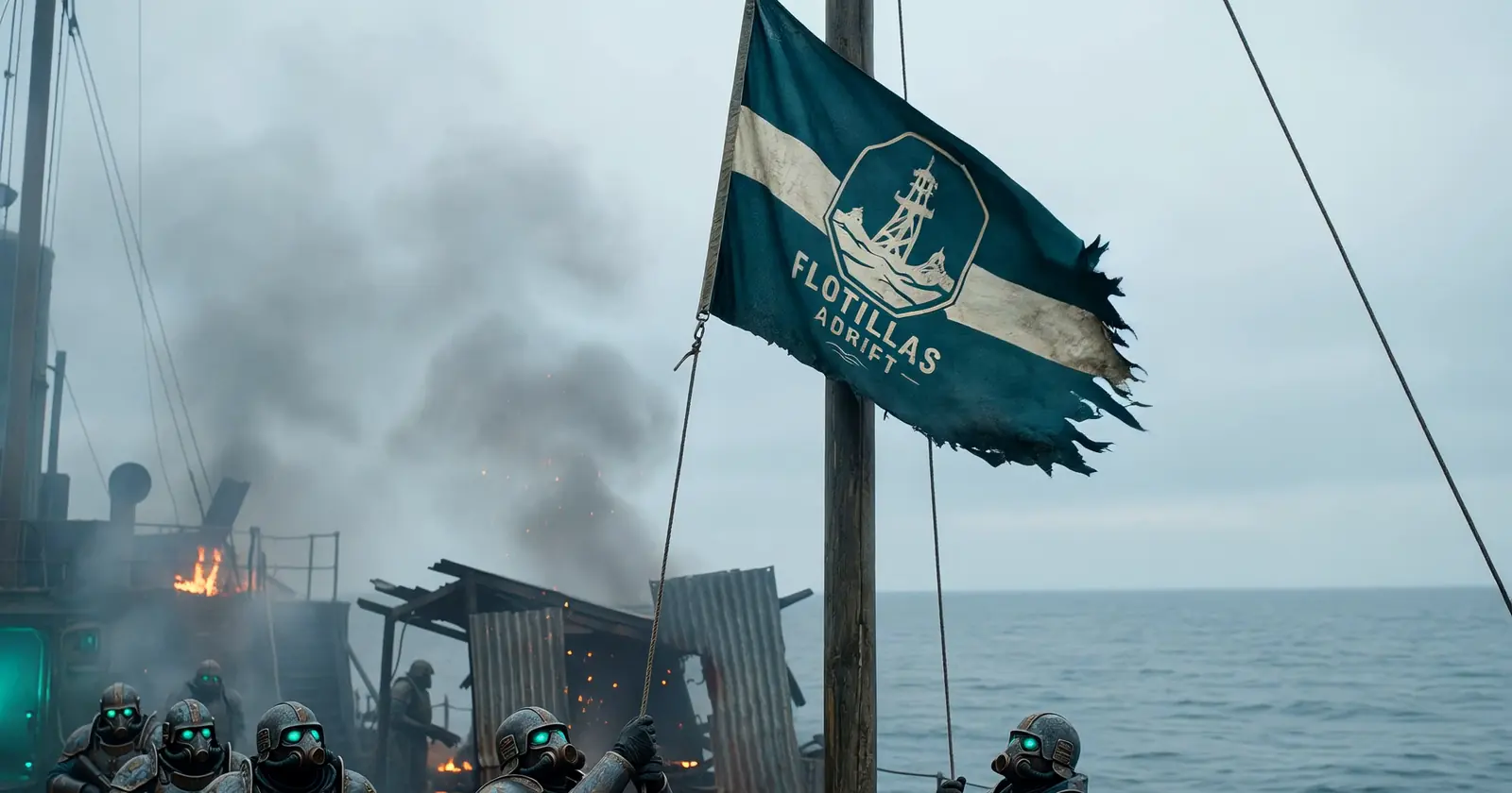 Marines raise the Flotillas Adrift flag over a captured, smoking deck