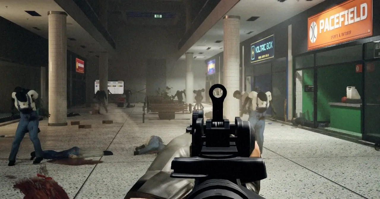 PlayPark gameplay: a rifle aimed down a dark mall corridor as zombies shamble past shuttered shops